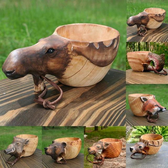 Creative Nordic Kuksa Cup Wooden Hand Carved Animal Head Outdoor